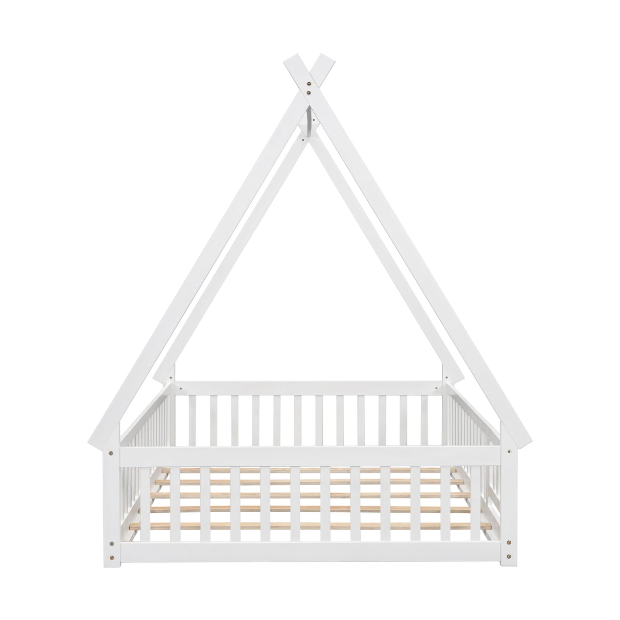 Full Size Teepee Tent Floor Bed with Guardrails & Door for Kids - White Wood Montessori Frame Bellemave