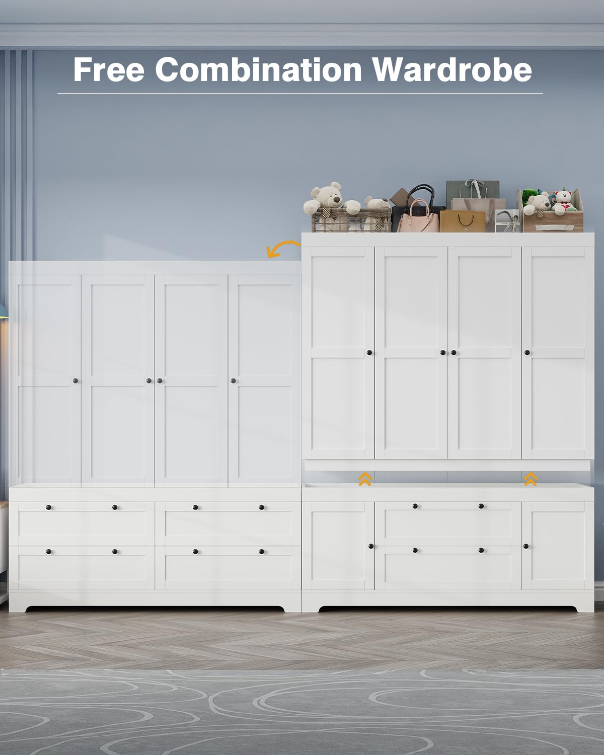 8 Door Large Wardrobe Closet 71" Tall White Wooden Freestanding Storage Armoire – Oversize Capacity Modular Cabinet with Drawers, Space-Saving Durable Design for Bedroom & Closet Organization Buenhomino