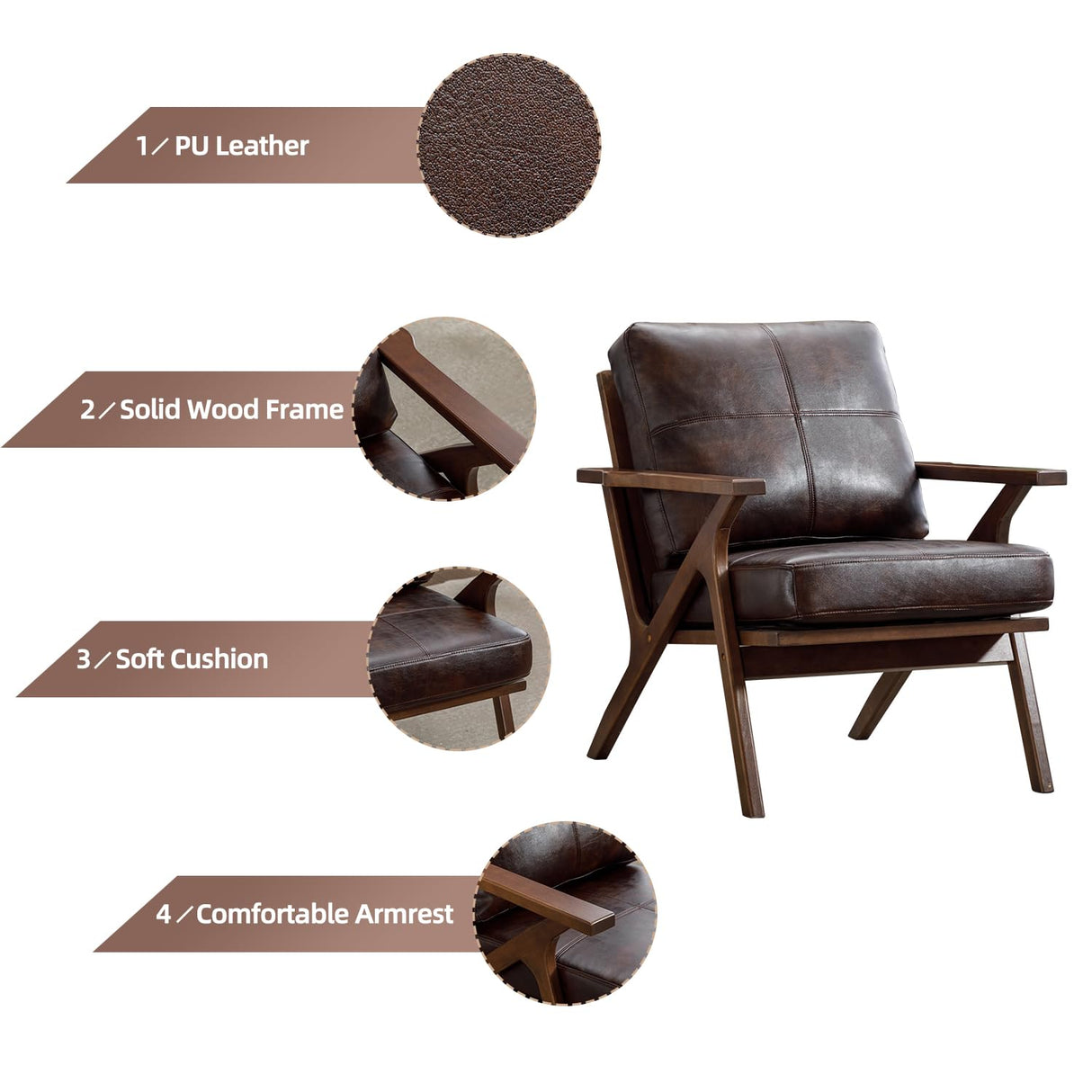INZOY Mid-Century Modern Accent Chair with Wood Frame, PU Leather Living Room Chair and Soft Thick Padded Armchair for Living Room Bedroom Reception with Removable Upholstered Cushions, Brown INZOY