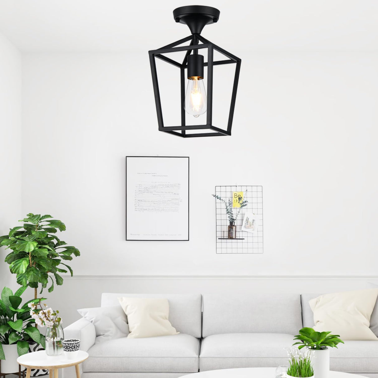 【Upgraded】 Semi Flush Mount Ceiling Light, Black Industrial Ceiling Light Fixtures, Farmhouse Light Fixture for Entryway Porch Hallway Stairway Garage Living Room Dining Room Balcony Lynnoland