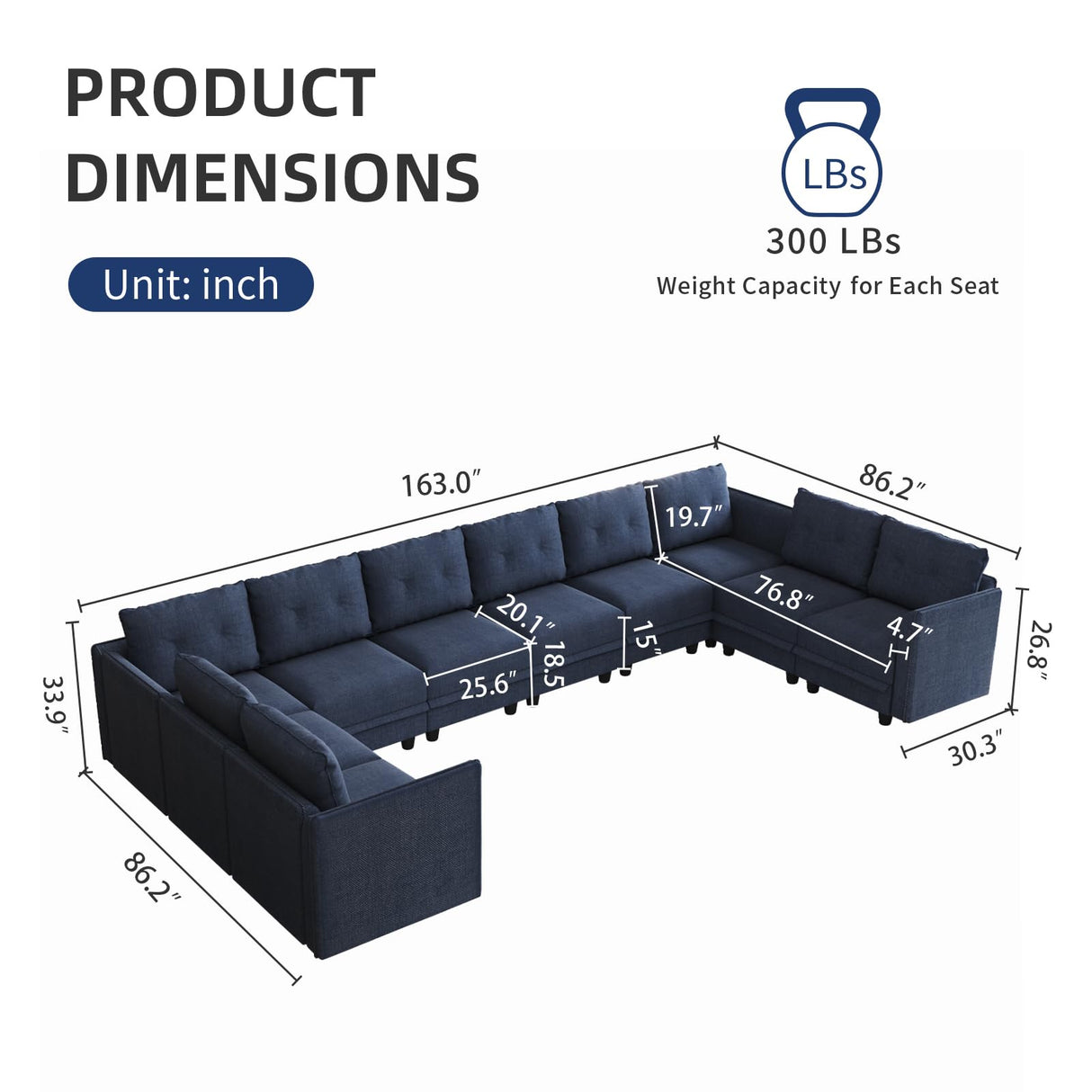 LLappuil Oversized Sectional Sofa Modular Couch with Storage, 10 Seater U Shaped Sectional Couches Set for Living Room, Denim Blue LLappuil