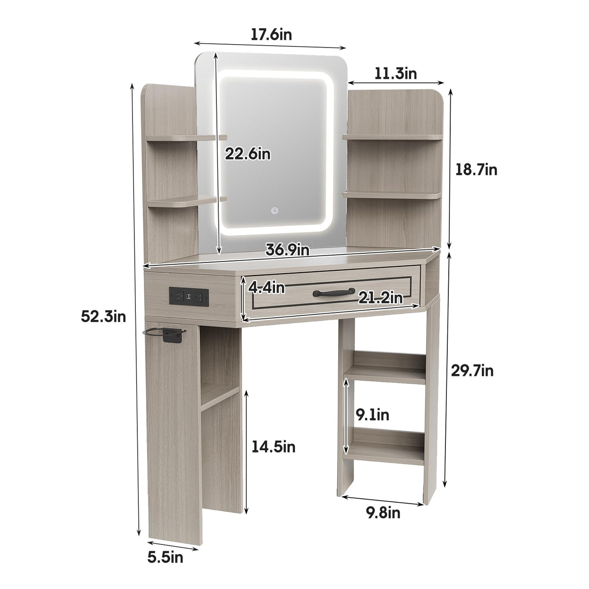 Makeup Vanity Desk, Corner Vanity with Large LED Mirror,Lots Open Shelves,Gray Vanity with Charging Station,Farmhouse Makeup Vanity Table with 3 Lighting Modes, Brightness Adjustable Maupvit