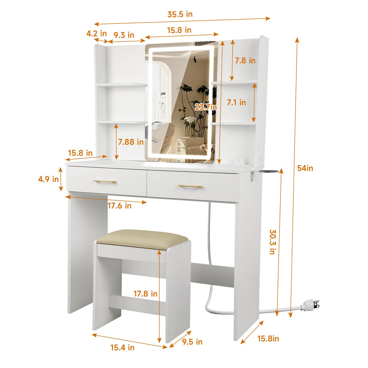 QUALIKRAFT Vanity Set with Lights and Stool, Vanity Desk with Mirror and Lights,Vanity Power Outlet,Vanity Desk with Drawers, White Vanity with Lighted Mirror,Dressing Table Set with 2 Large Drawers QUALIKRAFT
