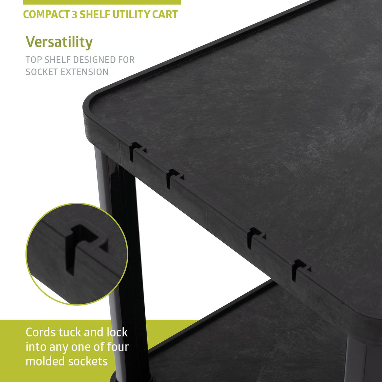 Pearington 3-Tier Compact Multi-Purpose Plastic Utility Cart with Lockable Wheels up to 300LBS, Black Pearington