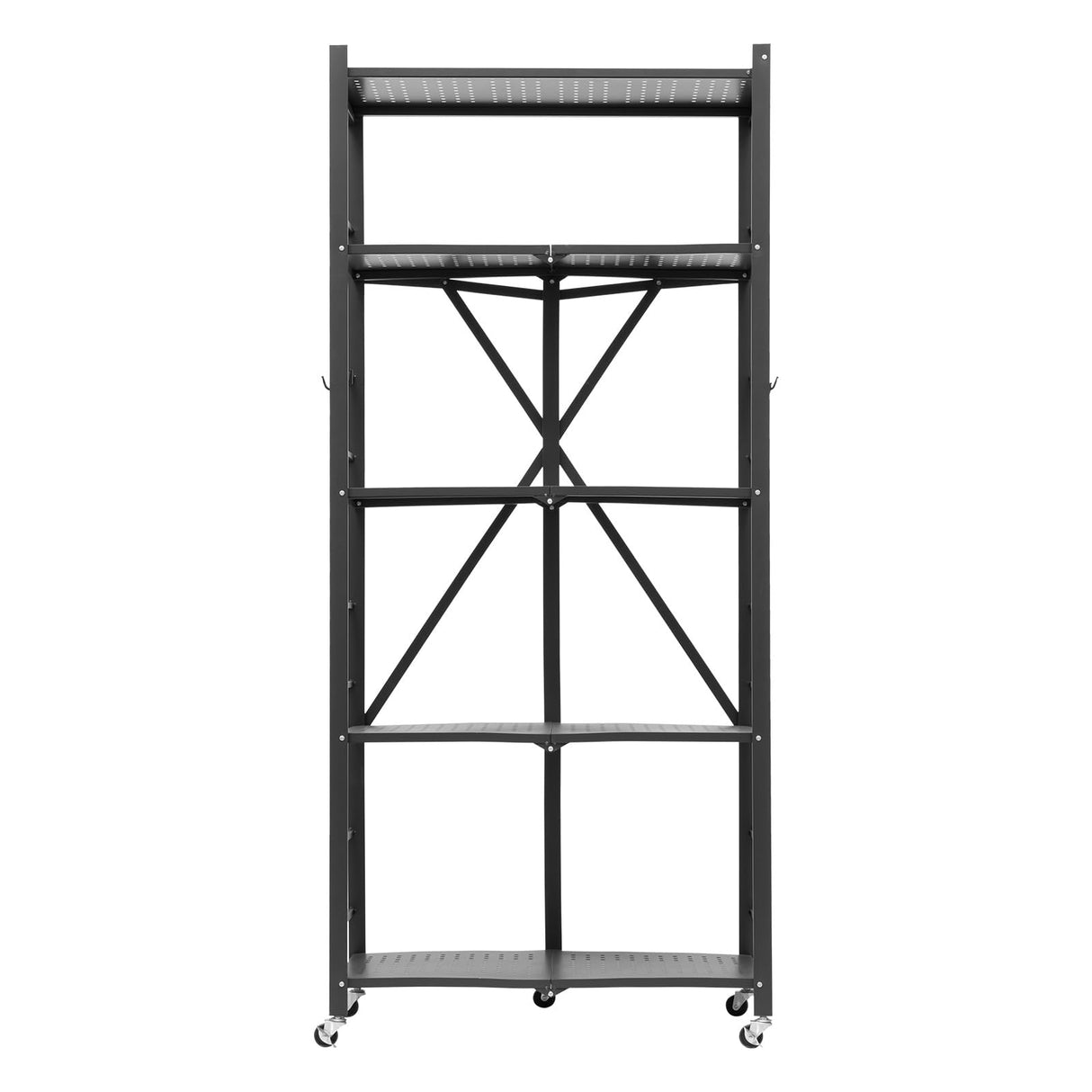 VEVOR 5-Tier Foldable Storage Shelf, 28W x 15D x 64H Inch Folding Metal Rack Shelving Unit, No Assembly Organizer Shelf with 5 Wheels & 4 Hooks for Pantry, Kitchen, Garage, Basement, Black VEVOR