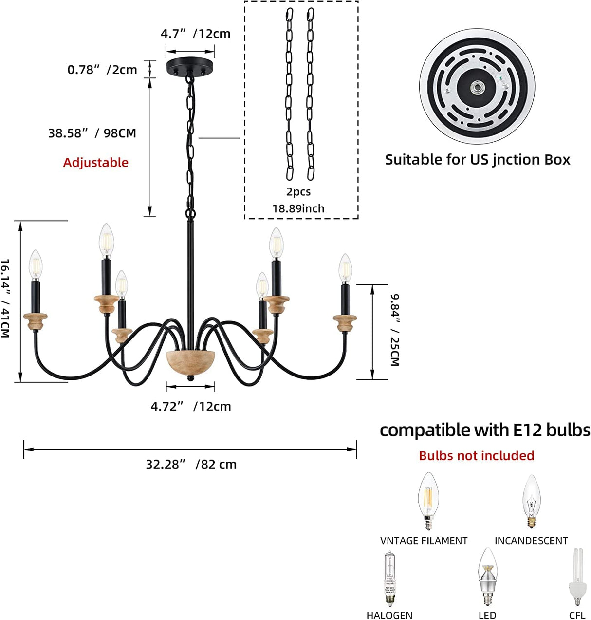 6-Light Wood Chandelier for Dining Room, Black Farmhouse Chandelier, Modern Light Fixtures Over Table, Rustic Candle Ceiling Chandelier for Living Room Bedroom Entryway Kitchen, 32.5" Diameter maesta