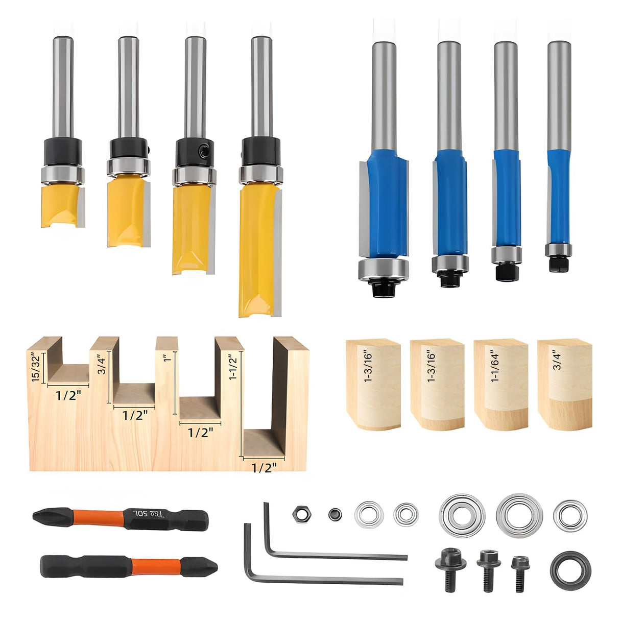 Router Bits Set 1/4 Shank, 4 Flush Trim Router Bits, 4 Pattern Flush Trim Router Bits, Router Bit with a Bearing Prevent Tearing, Wood Milling Cutter for Trimming 8PCS GearCan