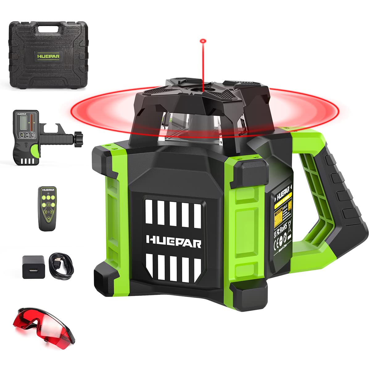Huepar Electronic Self-Leveling Rotary Red Laser Level Kit - 360 Horizontal Laser Beam Interior/Exterior Rotating Laser Level Tool with Receiver, Protective Glasses, Li-ion Battery, Hard Case RL300HR Huepar
