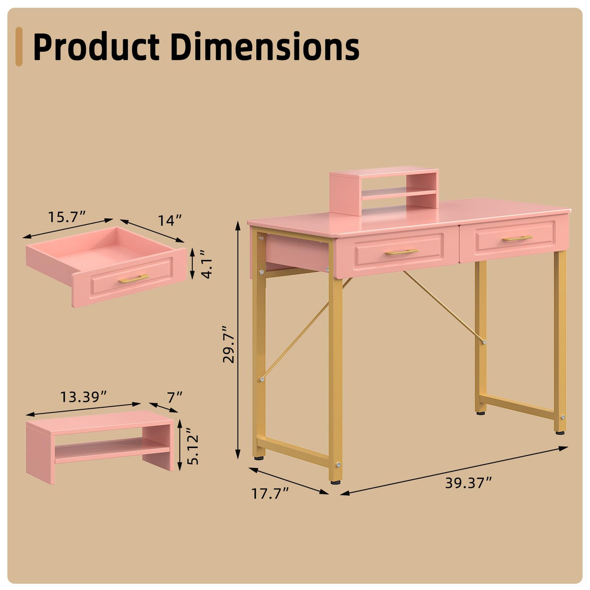 WESTREE Modern Makeup Vanity Desk with Glossy Desktop,Bedroom Home Office Writing Desk with Drawers, Storage Shelf, Gold Metal Frame for Dressing Table Without Mirror WESTREE