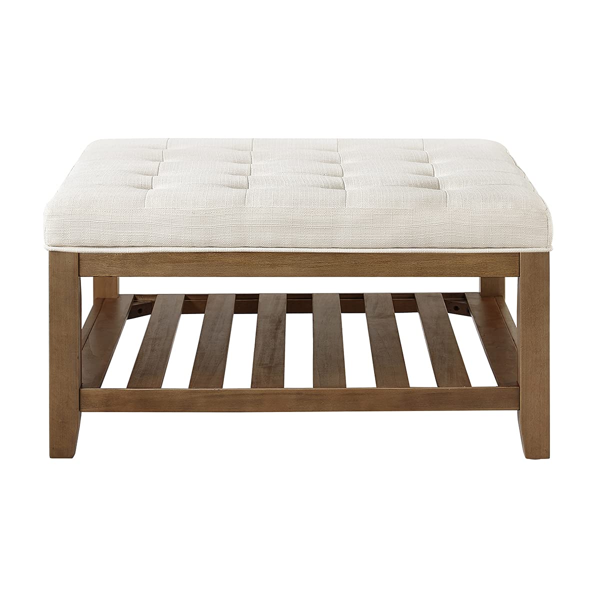 24KF Large Square Upholstered Tufted Linen Ottoman Coffee Table, Large Footrest Ottoman with Solid Wood Shelf-Ivory 24KF