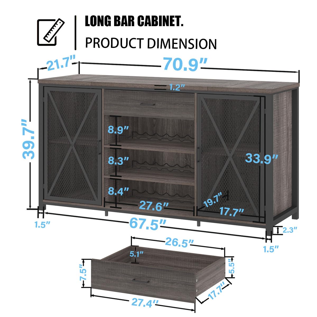 LVB Long Bar Cabinet with Fridge Space, Farmhouse Big Liquor Cabinet with Drawer Storage, Rustic Wood Metal Large Wine Cabinet with Rack, Modern Sideboard Buffet for Kitchen Dining Room, Gray, 70 Inch LVB