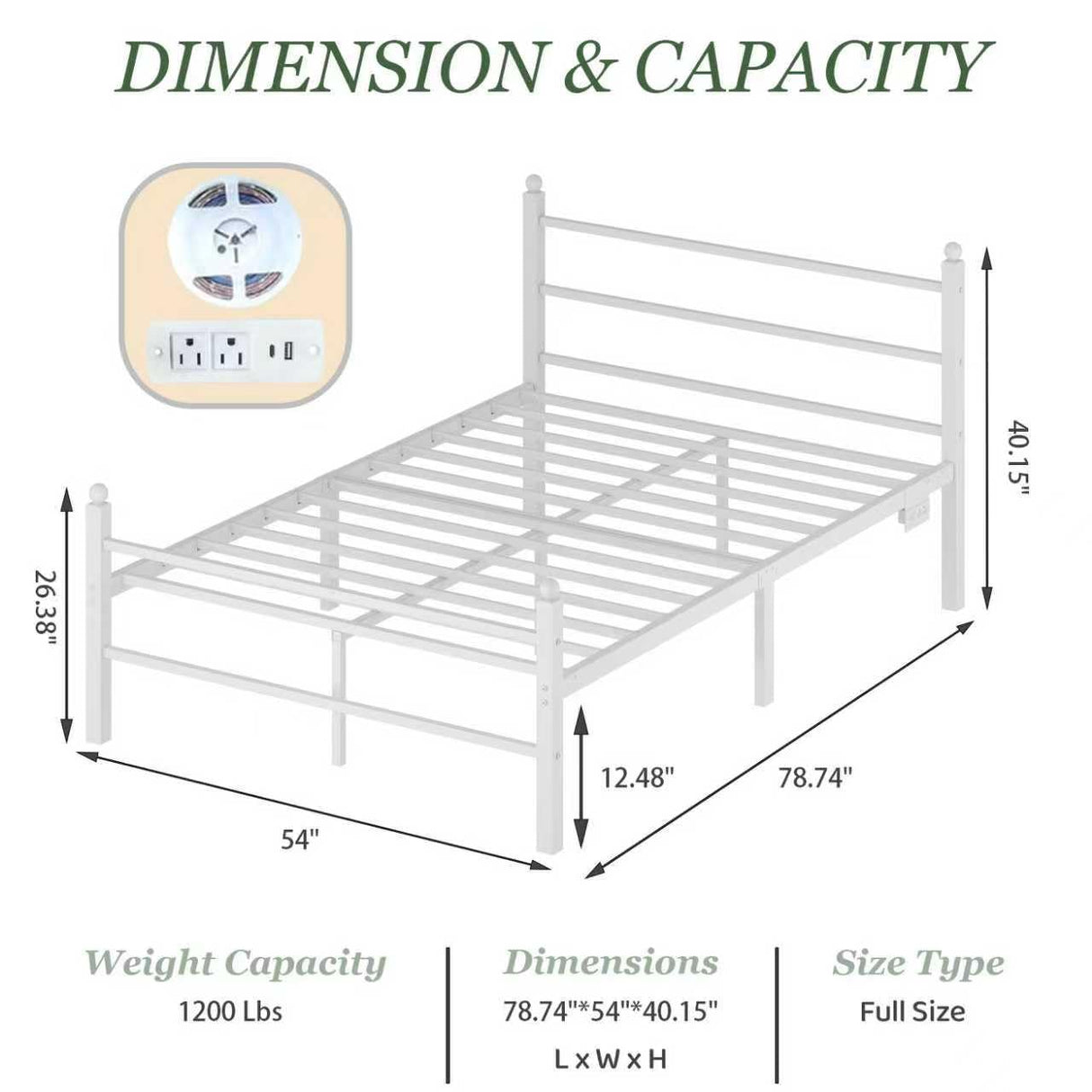 Full Size Bed Frame with Charging Station & LED Lights, Full Metal Platform Bed Frame with Headboard and Footboard, Storage Space Under Bed, No Box Spring Needed, Noise Free, Easy Assembly, White Jenmit