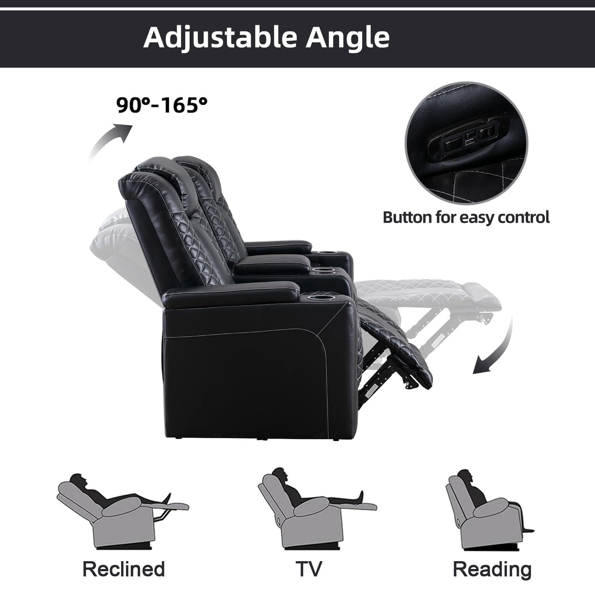 EBELLO Home Theater Seating, Electric Power Loveseat Recliner with USB Ports and Cup Holders, Breathable Faux Leather Dual Recliner with Hidden Arm Storage, for Living Room, Black EBELLO