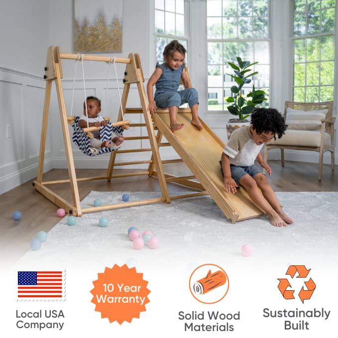 Avenlur 4-in-1 Juniper Indoor Play Gym - Jungle Gym Playset with Baby Swing, Slide, Ladder, and Climbing Wall - Foldable Wooden Playset - Indoor Jungle Gym for Kids Ages 18mo to 6yrs Avenlur