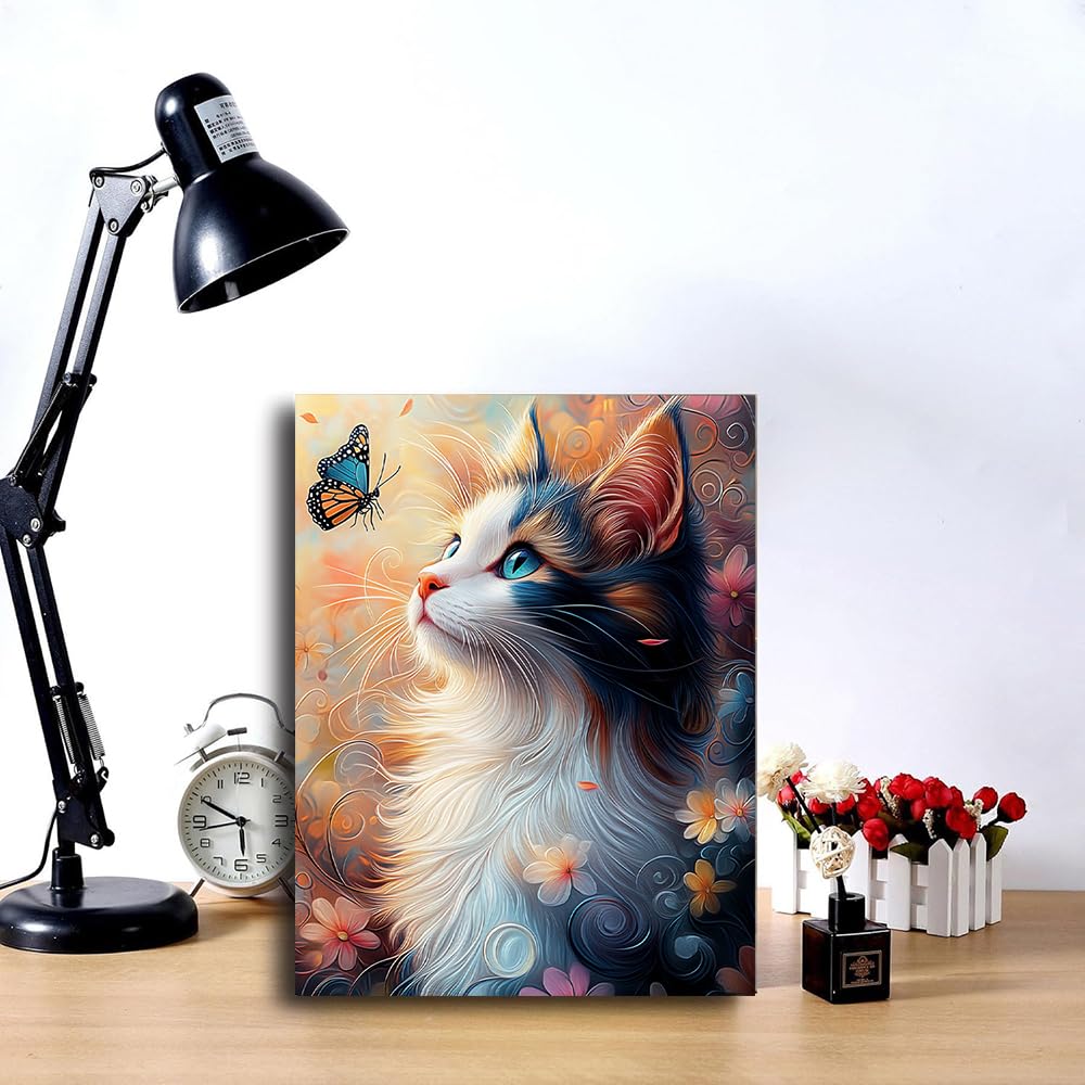 5D Diamond Art Kits for Adults, Cat Butterfly Diamond Painting Kit for Beginner, Full Round Drills Paint with Diamonds Dot Gem Art On Canvas DIY Crafts for Wall Decor 12X16 inch DIYDECORFUN