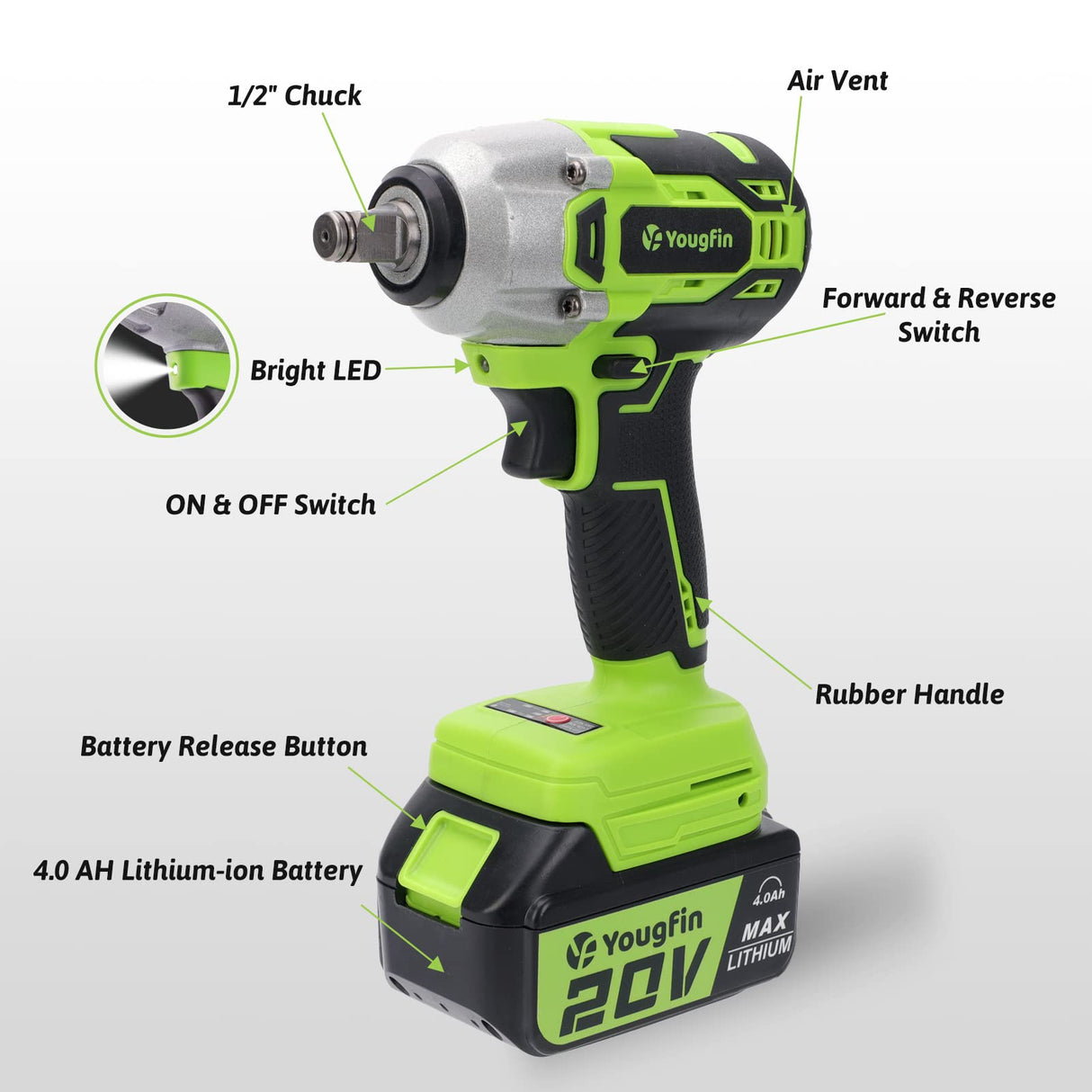 Yougfin Cordless Impact Wrench 1/2 inch for Lug Nuts, 20V Brushless Power Impact Gun Kit 400N.M, 4.0 Ah Battery Powered Impact Driver Heavy Duty, Electric Impact Wrench for Car Home Yougfin