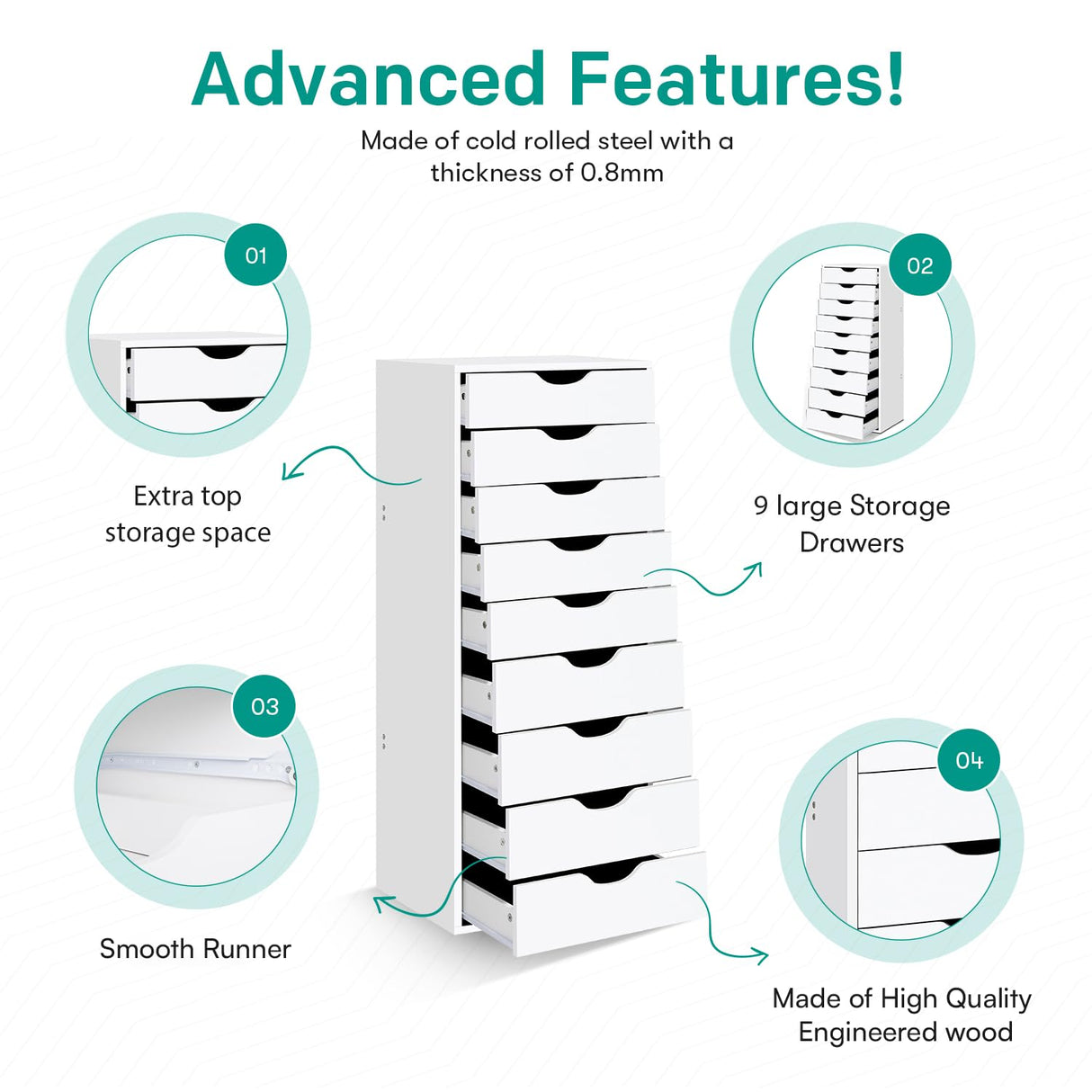 Naomi Home Bianca 9 Drawer Chest, Wood Storage Dresser Cabinet, Large Storage Organizer Makeup Drawer for Closet, Bedroom, 200 lbs Total Capacity - White Naomi Home