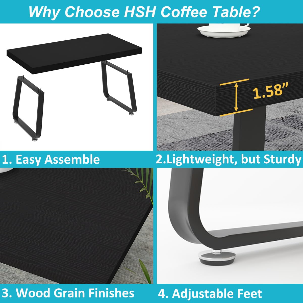 HSH Black Coffee Table, Industrial Wood and Metal Legs Center Table, Modern Minimalist Rectangle Cocktail Table for Living Room, Farmhouse Wooden Tea Table for Bedroom Home Office, Black Oak, 47 Inch HSH