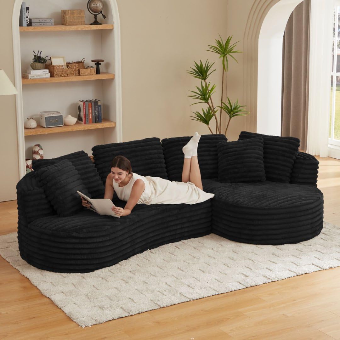 121 inch Curved Modular Sectional Sofa Couch, Oversized 2 Pieces Floor Foam Boneless Couches for Living Room, Deep Seat Cloud Couch with Right Facing Chaise w/Throw Pillows,No Assembly Required Eafurn