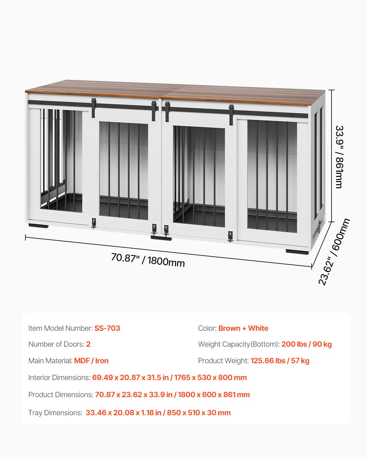 VEVOR 72"Dog Crate Furniture for 2 Dogs,Double Dog Crate Furniture with Double Sliding Doors,Large Dog Crate TV Stand with Removable Tray,Steel Frame Double Dog Crate for Small,Medium,Large Dogs White VEVOR