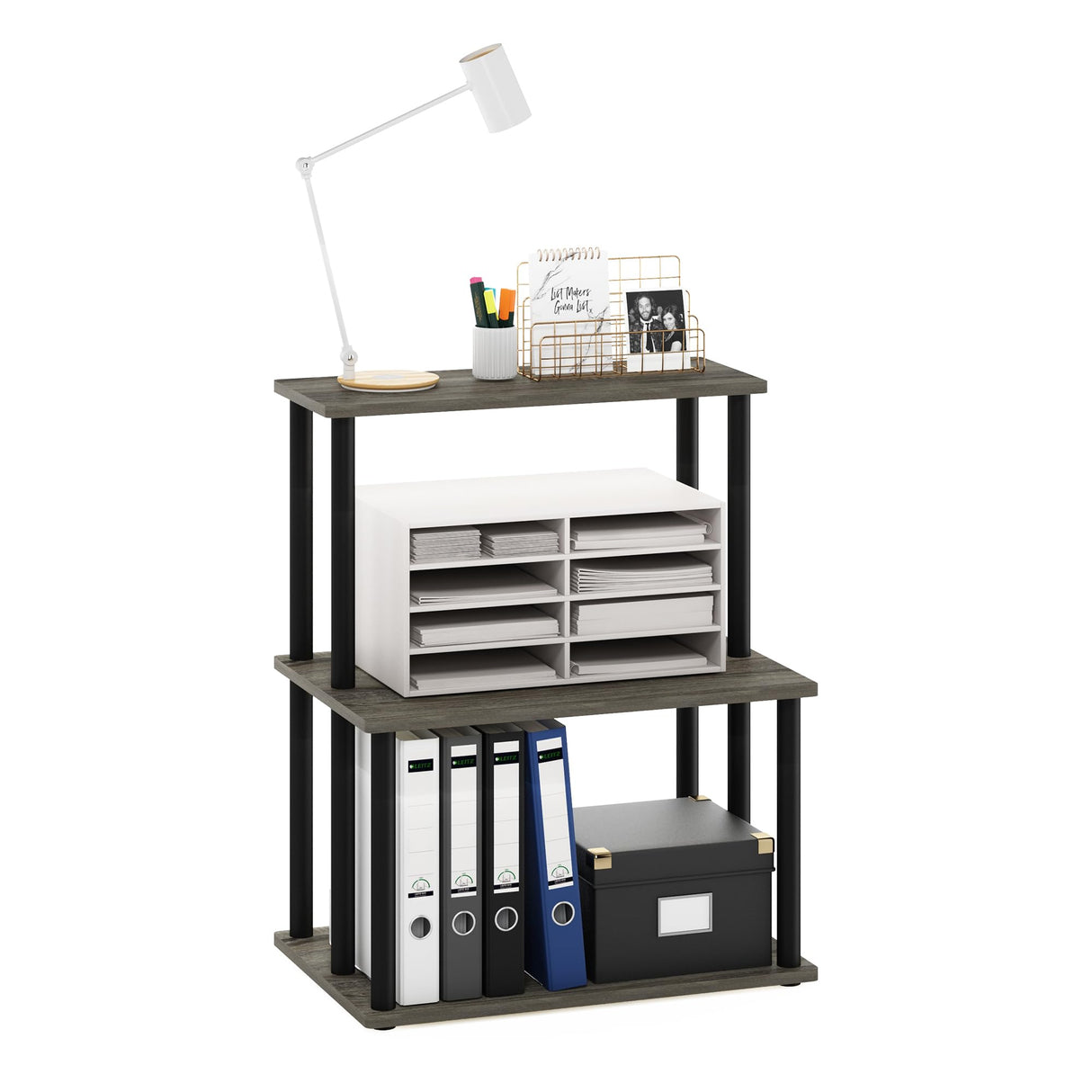 Furinno Turn-N-Tube 3-Tier Toolless Multipurpose Printer Stand Display Storage Shelf, French Oak Grey/Black Furinno