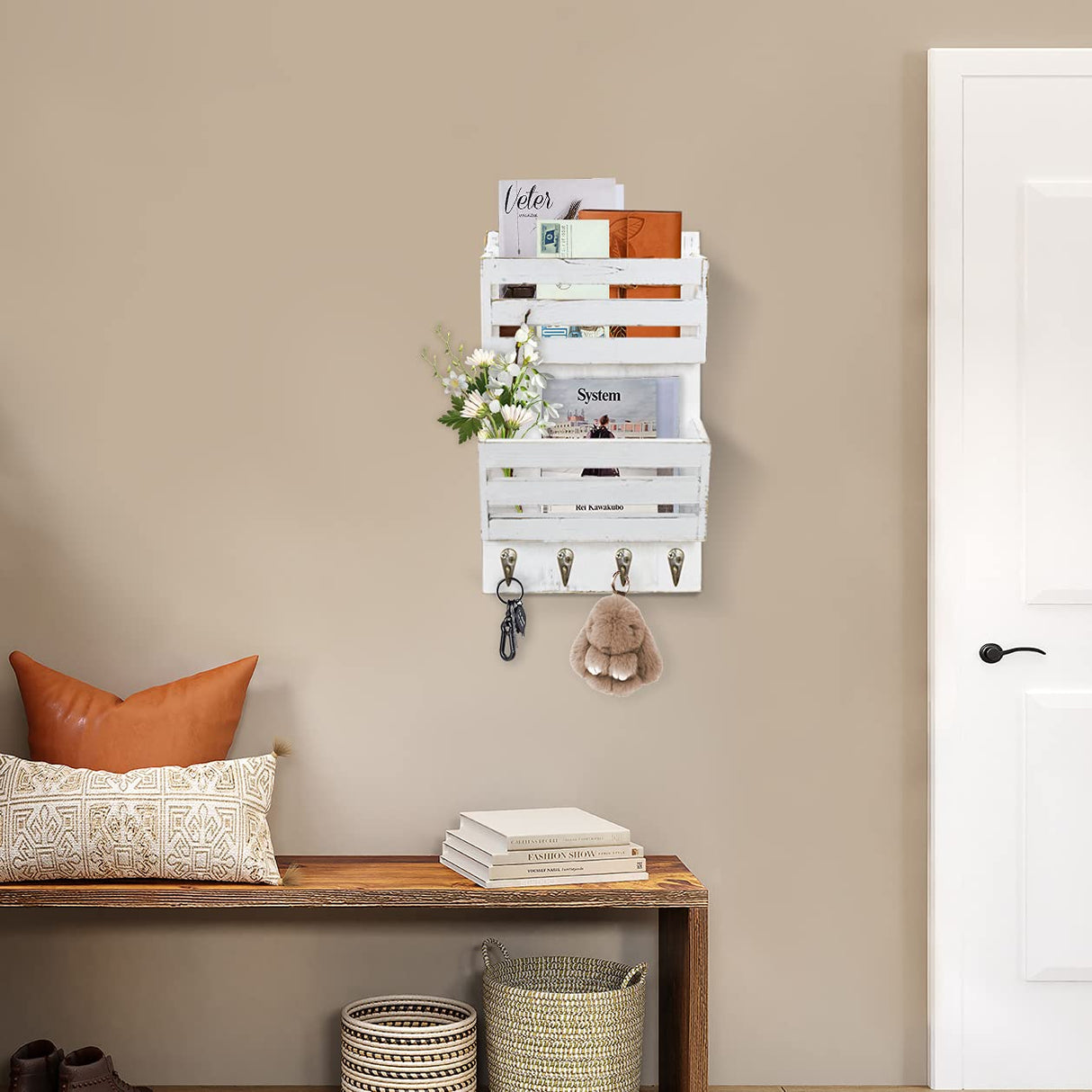 Unistyle Mail Holder with Key Hooks Mail Organizer Wall Mount Hanging Mail Organizer for Home,Office,Entryway,Mail Holder Wall Mounted for Letter, Magazines, Keys, Leashes Unistyle
