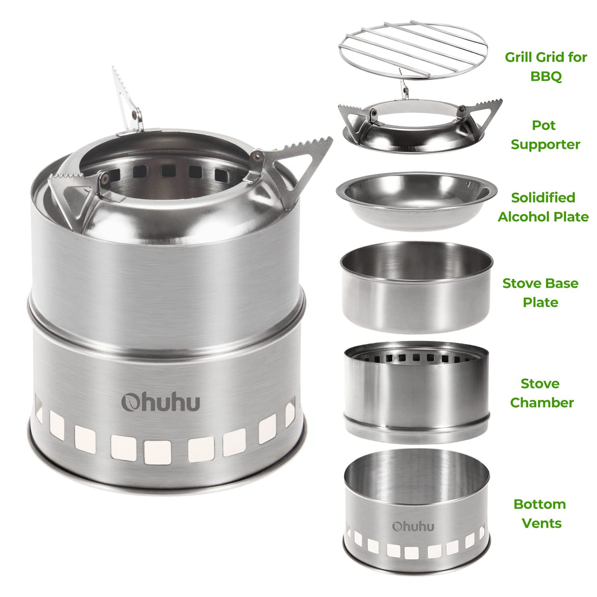 Camping Stove, Ohuhu Camp Stove Wood Burning Stove Stainless Steel Stoves Mini Portable Stove for Camping Picnic BBQ Backpacking Hiking Survival Emergency Cooking Outdoor with Grill Grid Carry Bag Ohuhu
