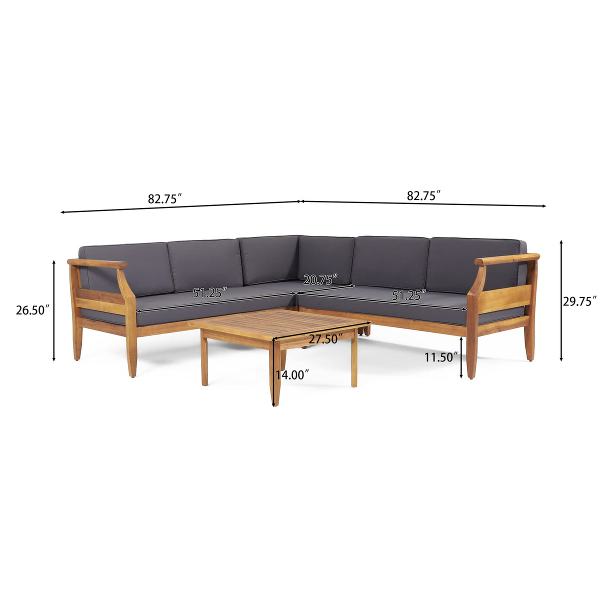 Christopher Knight Home Aston Outdoor 5 Seater Sectional Chat Set with Cushions - Acacia Wood - Teak/Dark Gray Christopher Knight Home