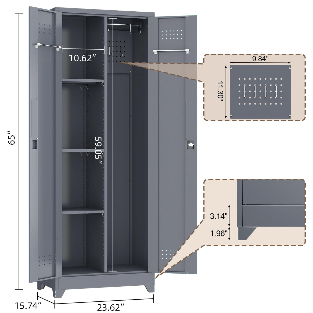 GREATMEET 65" Garage Storage Cabinet, Broom Closet Storage Cabinet, Metal Cabinets with Doors and Shelves, Utility Closet for Brooms and Mops, Utility Cabinets for Storage, Grey GREATMEET