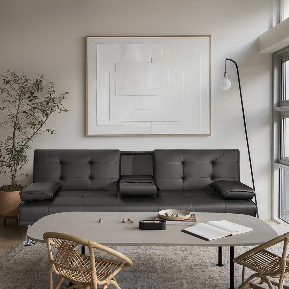 VICTONE Futon Sofa Bed Modern Faux Leather Couch Bed Convertible Folding Recliner for Living Room with 2 Cup Holders and Armrest (Black) VICTONE