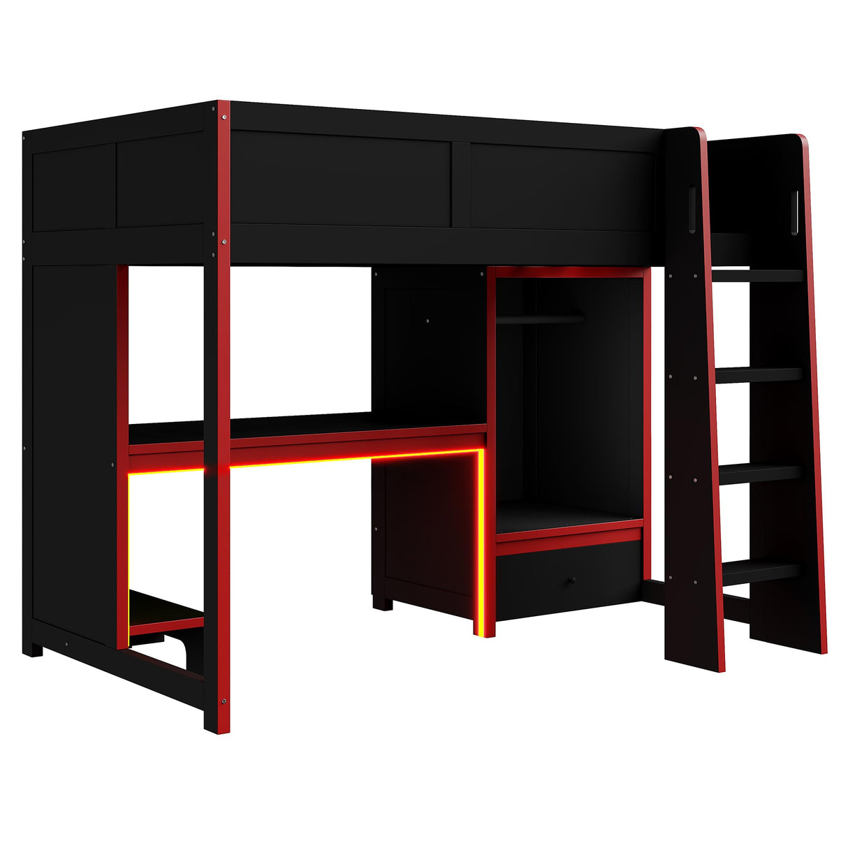 SOFTSEA Twin Gaming Loft Bed with Desk & Lights, Wood Loft Bed with Storage Wardrobe and Drawer, Loft Beds with Desk for Kids Teens Adults, Black + Red SOFTSEA