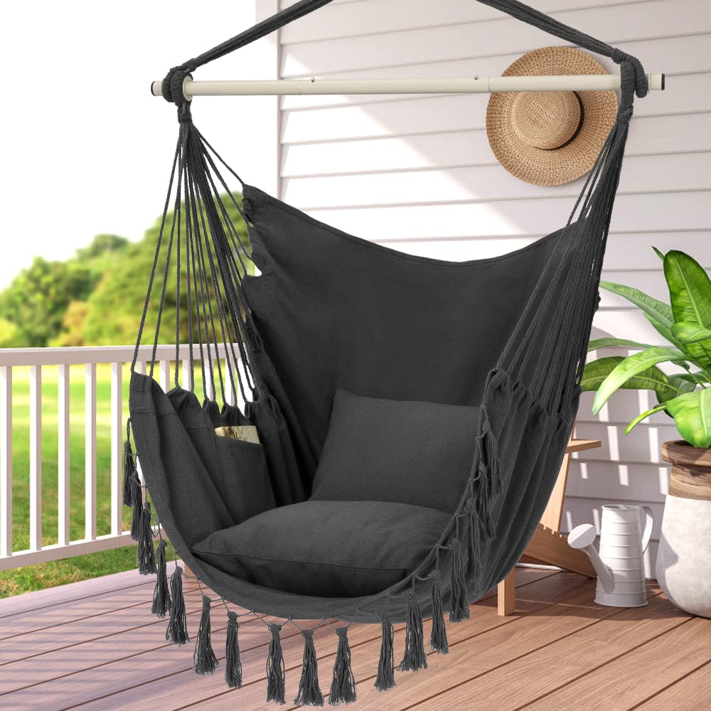 Y- STOP Hammock Chair Hanging Rope Swing, Max 500 Lbs, 2 Cushions Included, Large Macrame Hanging Chair with Pocket, Cotton Weave for Superior Comfort, Durability (Dark Grey) Y- STOP
