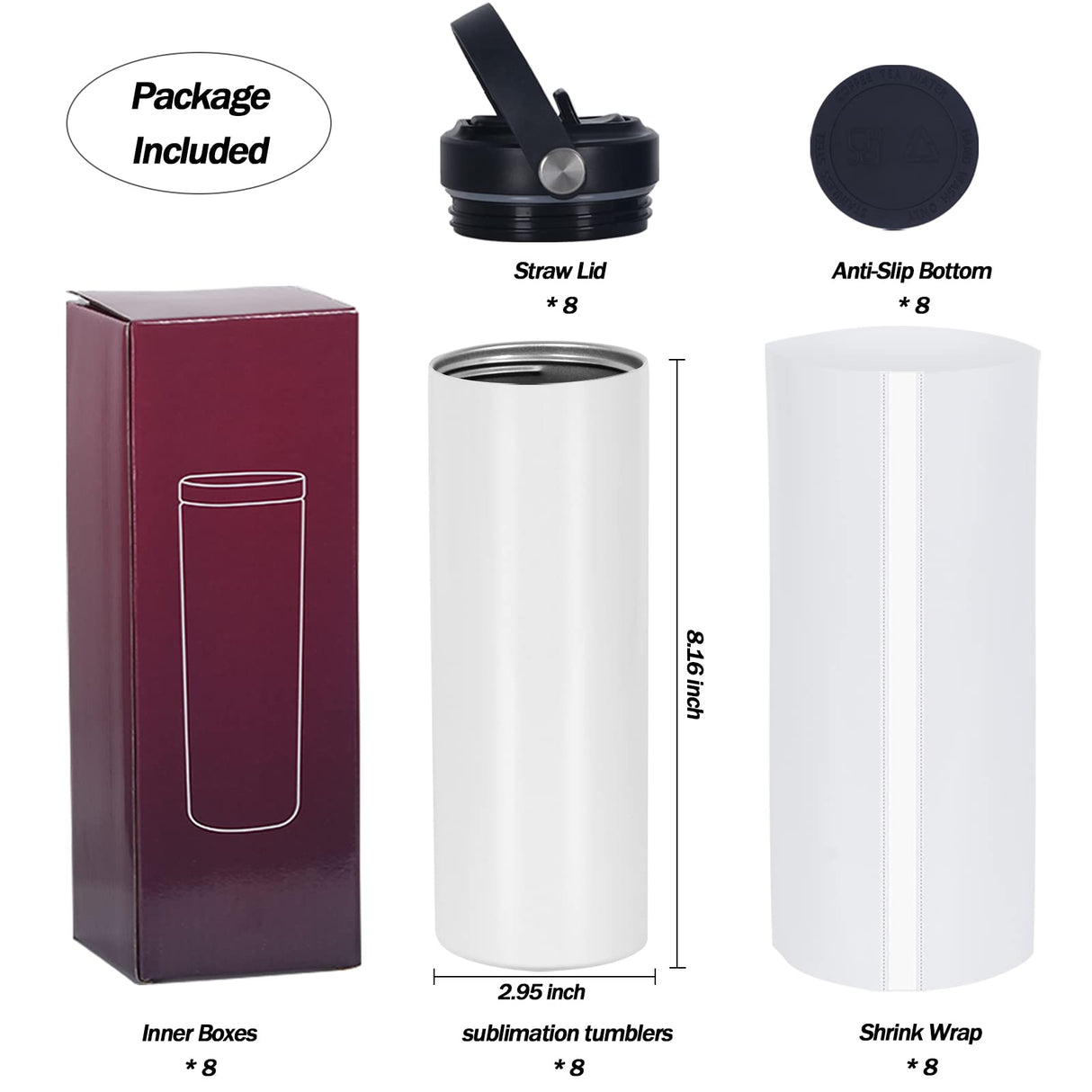 8 Pack Sublimation Tumbler Bulk 20oz Skinny Straight, Sublimation Sport Water Bottles Double Wall Stainless Steel Tumblers for Sublimation with Portable Handle, Individually Boxed Micellwuu