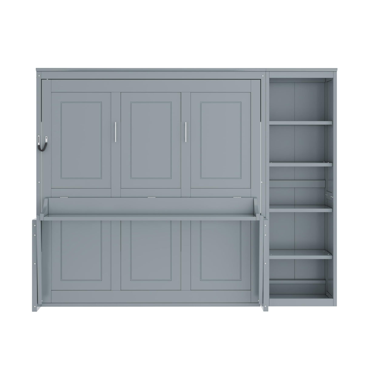 Merax Queen Size Murphy Bed with Desk and Bookshelf, Space-Saving Design Foldable Wall Bed, Fold into The Wall, Pine Wood Platform Bed Frame for Small Spaces Studio Study Office Guest Room, Gray Merax