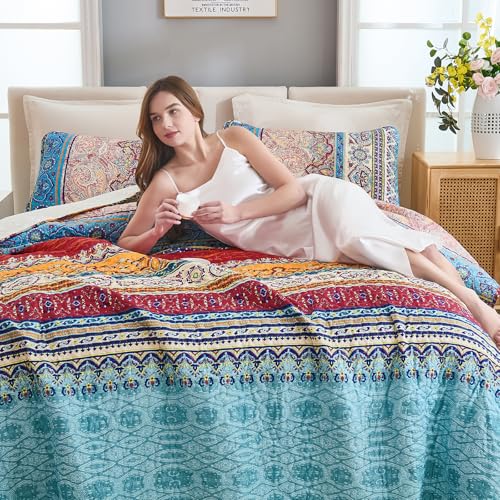 WONGS BEDDING Bohemian Quilt Set Twin Size, Boho Striped Printed Bedding Quilts Coverlet Set with Pillow Shams, Lightweight Microfiber Bedspread Set for All Seasons (2 Pieces, Twin) WONGS BEDDING