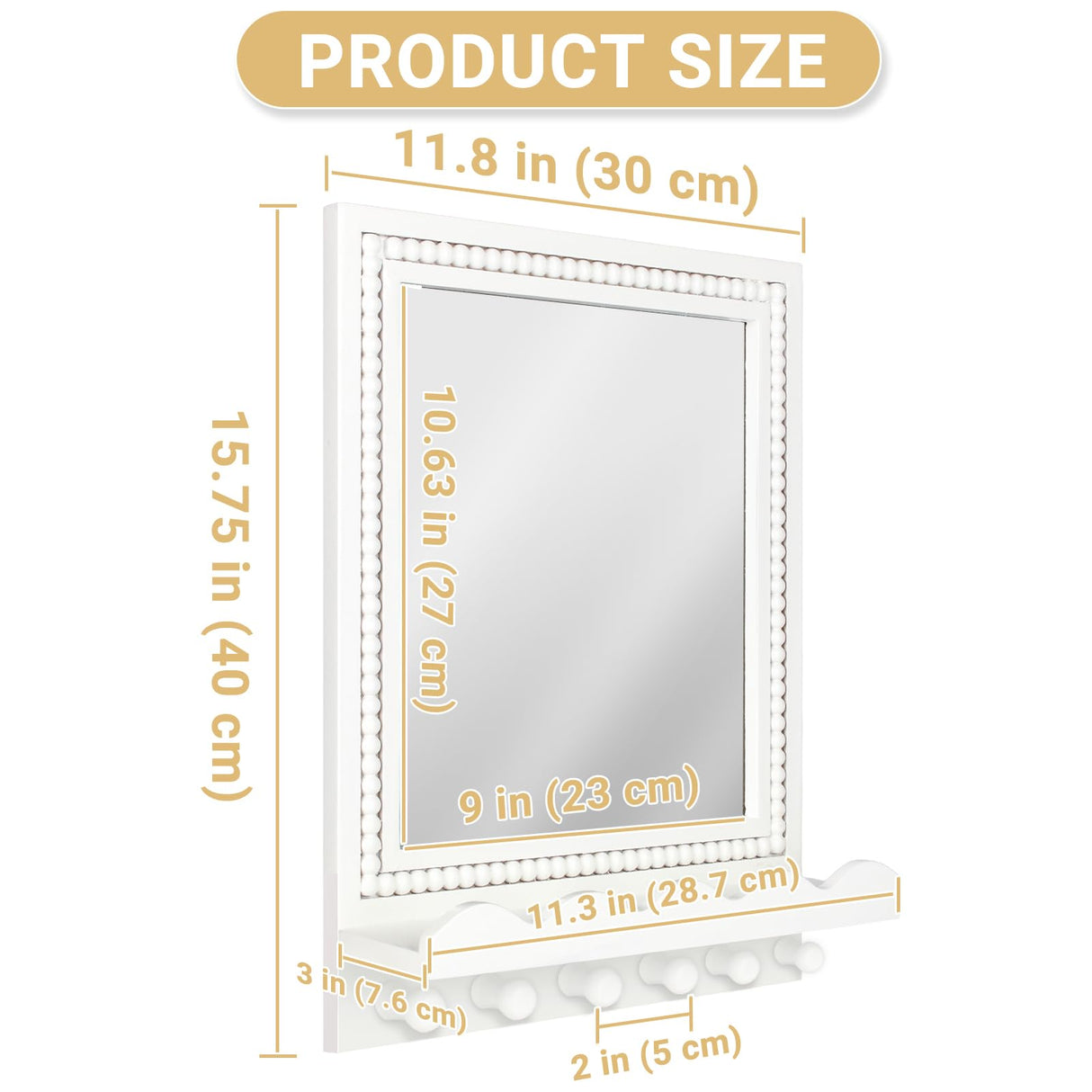 Tirzah 16x12 Inch Wall Mount Beaded Wood Framed Mirror with Shelf and 6 Hooks, White Decorative Entryway Mirror with Storage for Laundry Room, Bathroom, Bedroom Tirzah