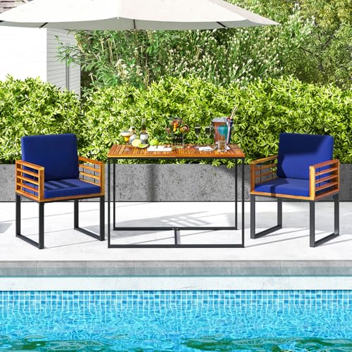 Tangkula 3 Piece Outdoor Dining Set, 2 Acacia Wood Armchairs with 43.5 Inch Dining Table, Heavy-Duty Metal Support, Cushioned Space-Saving Patio Furniture Set for Porch, Poolside Tangkula