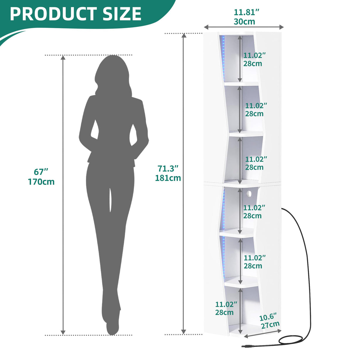 YITAHOME 71.45" Bookcase, 6 Shelves Corner Bookshelf with LED Light Modern, Tall Narrow Display Shelves, Wooden Free Standing Shelf, with Storage Organizer for Bedroom, Living Room, Home Office, White YITAHOME