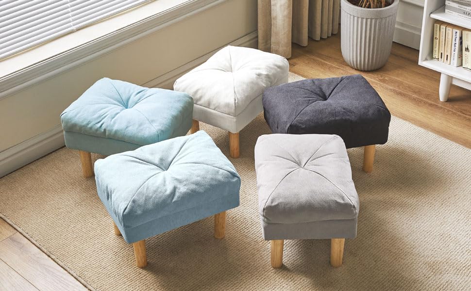 YMYNY 15.75" Small Footstool Ottoman, Footrest with Sponge Padded Seat, Step Stool for Sofa, Bedroom, Living Room, Entryway, Modern Change Shoes Stool, Wood Legs, Light Blue UHBD023BL YMYNY