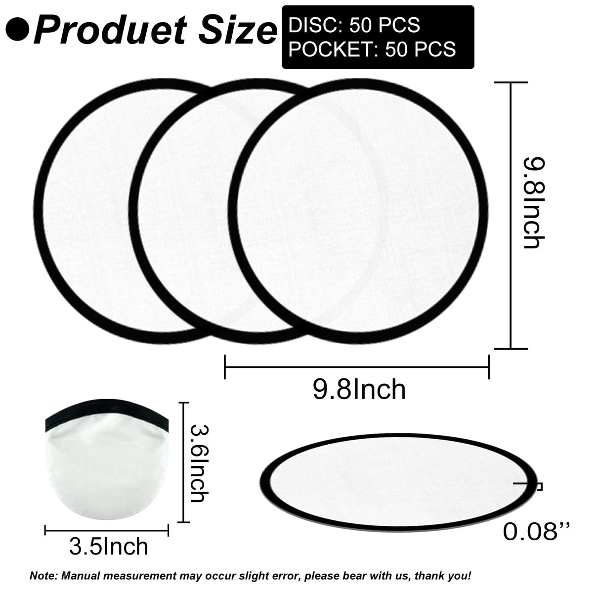 YEAHACLUB 50PCS Foldable Flying Disc Fans with Bags, 9.8'' DIY Handheld Black Egde Fabric Folding Fan for Outdoor Game Activities Birthday Party Favors End of Year Student Gifts, White YEAHACLUB