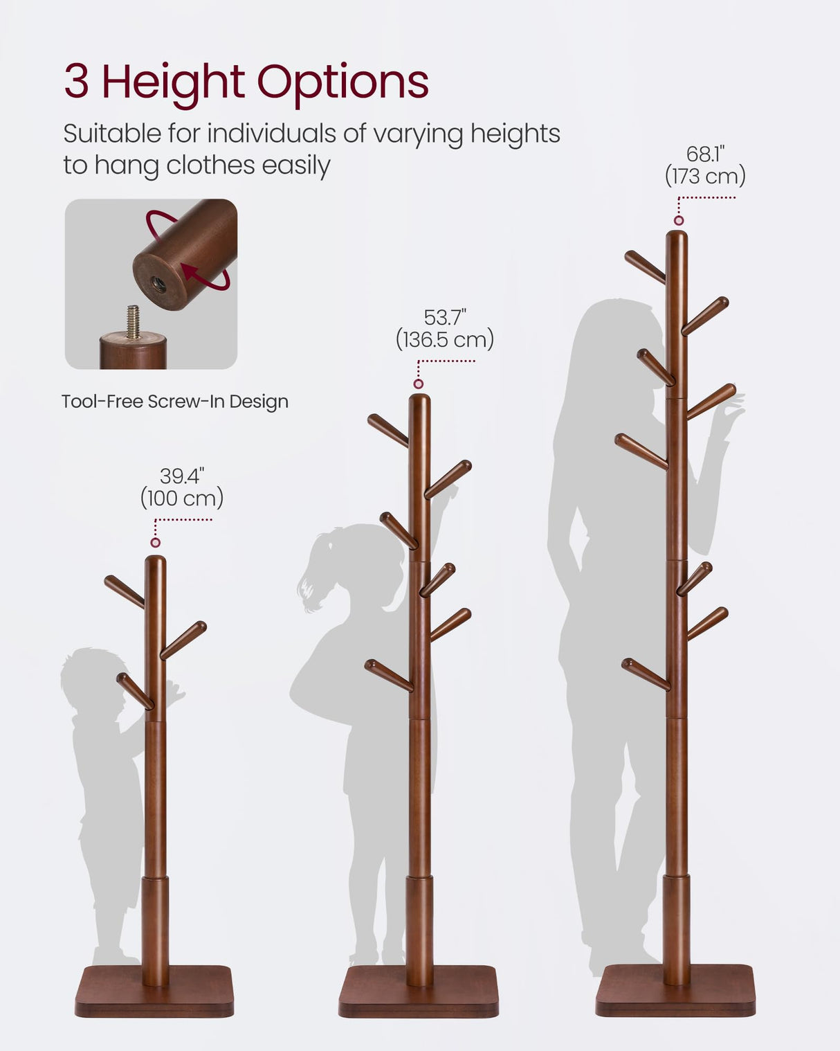 VASAGLE Solid Wood Coat Rack, Free Standing Hall Coat Tree with 8 Hooks, 3 Height Options, for Coats, Hats, Bags, Purses, for Entryway, Hallway, Rubberwood Hooks and Pole, Dark Walnut URCR010W01 VASAGLE