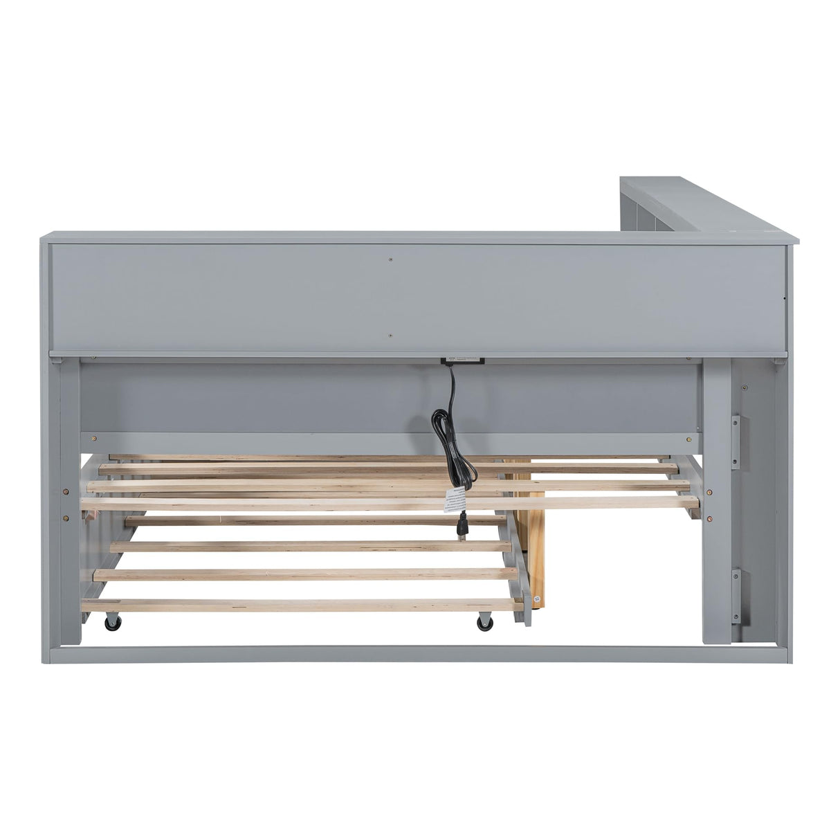 Merax Full Size Day Bed with Twin Trundle, Wooden DayBed with Storage Shelf and USB Charging Ports, Full Corner Bed Frame,Grey Merax