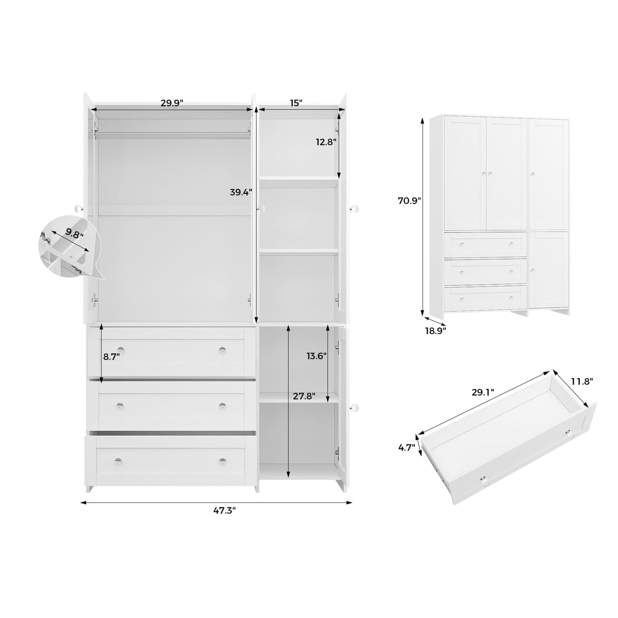VOWNER Armoire Wardrobe Closet with Drawers and Mirror, 71" Clothing Storage Cabinet with Hanging Rod, 4 Doors Wooden Wardrobe Cabinet for Bedroom, Large Capacity Storage, White VOWNER