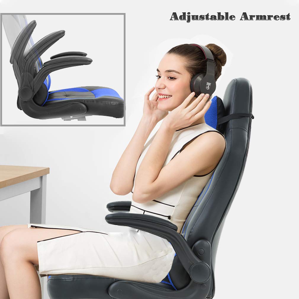 Gaming Chair Office Chair Desk Chair with Lumbar Support Flip Up Arms Headrest PU Leather Swivel Rolling Adjustable High Back Racing Computer Chair for Women Men Adults,Blue BestOffice