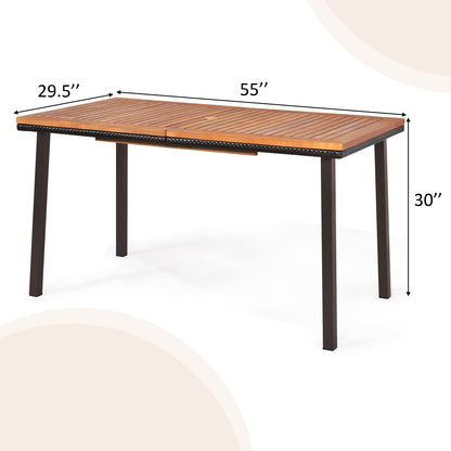 Tangkula Patio Acacia Dining Table, Outdoor Rectangle Dining Table with Acacia Wood Desktop, Steel Frame and Umbrella Hole, Perfect for Outdoor Entertaining, Deck, Backyard, Pool Side