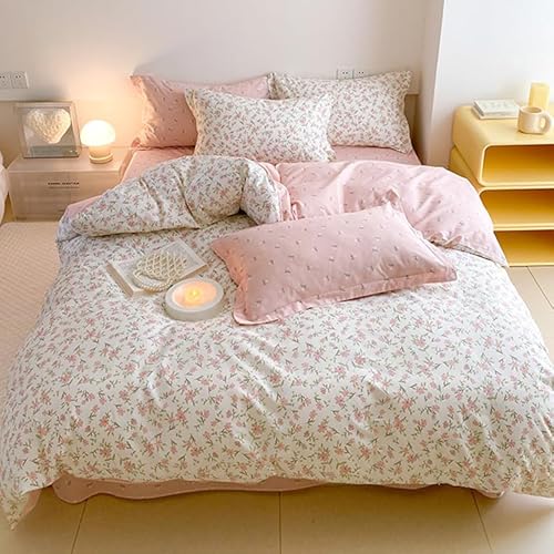 Bildenly Twin Size Duvet Cover Pink Floral on Side A, Pink & Small Flowers on Side B, Comforter Cover Soft & Lightweight Microfiber Quilt Cover with Zipper Closure and 1 Pillowcase Bildenly