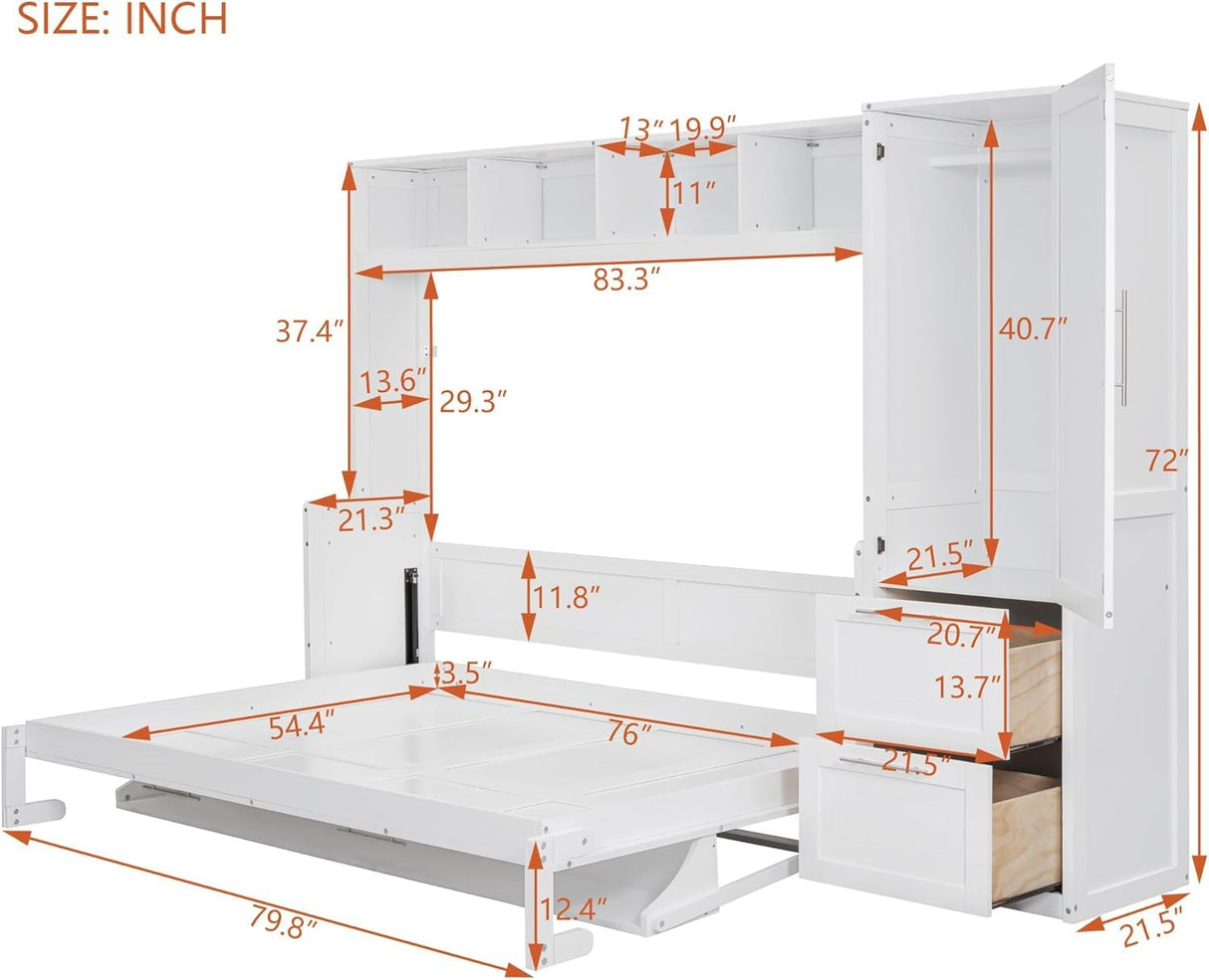 MERITLINE Full Murphy Bed with Wardrobe Closet,2 Drawer,4 Storage Open Shelves,Wood Folding Murphy Wall Bed Cabinet (White,Full) MERITLINE