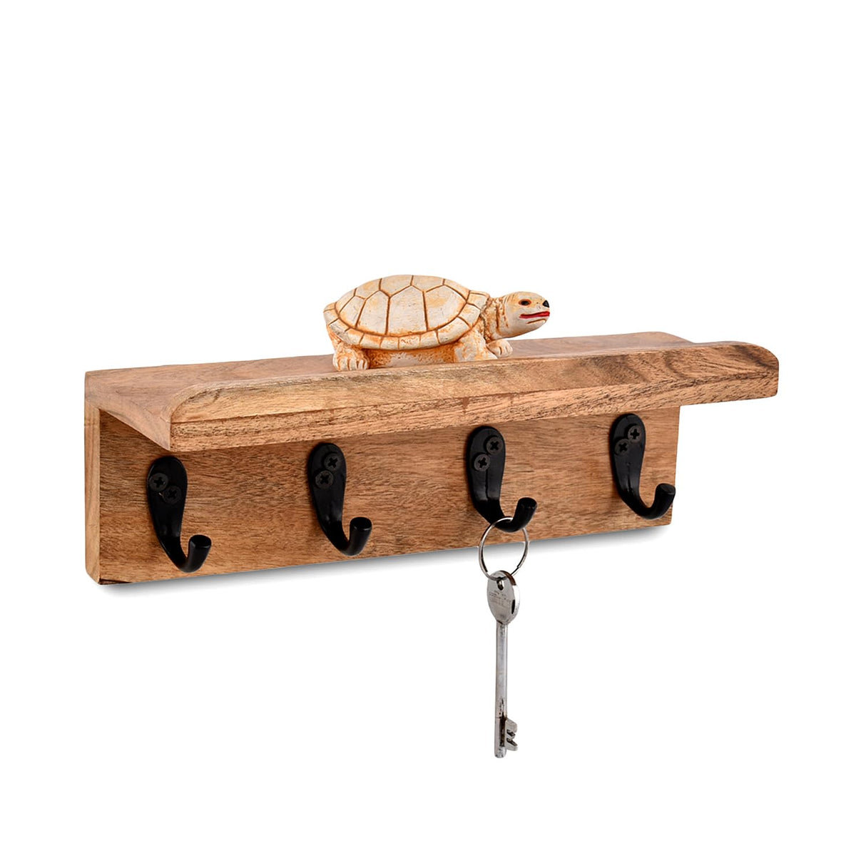 NIRMAN Acacia Wood Rustic Key Holder for Wall, Farmhouse Wall Shelf with 4 Hooks for Entryway Farmhouse Kitchen (10" x 3.5" x 3.5") NIRMAN