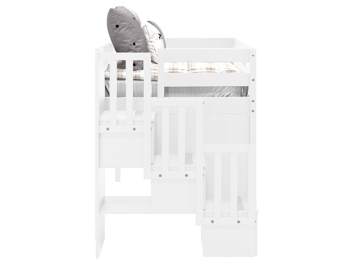 Bedz King Contemporary Low Loft Twin Bed with 3 Step-Stairway, White Bedz King