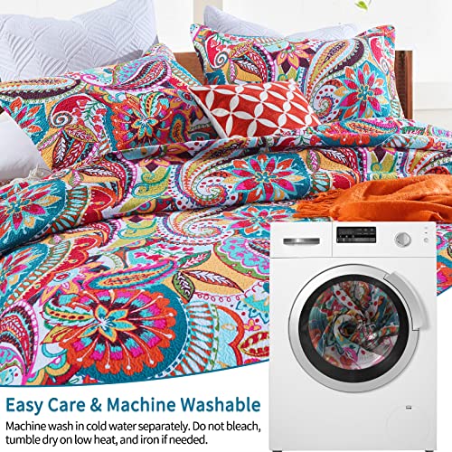 Qucover 100% Cotton Twin Quilt Set, 2 Piece Multicolor Paisley Boho Style Twin Bedspread with Pillow Shams, 68"x86" Qucover